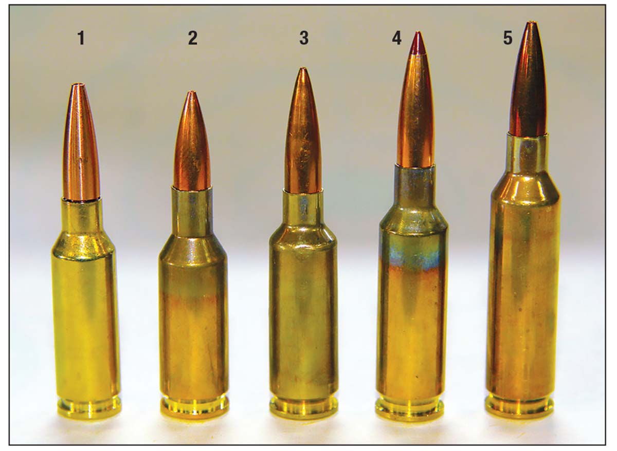 Shown for size comparison are the: (1) 6mm ARC, (2) 6mm BR (Bench Rest), (3) 6mm Dasher, (4) the 6mm GT under discussion here and (5) 6mm Creedmoor.